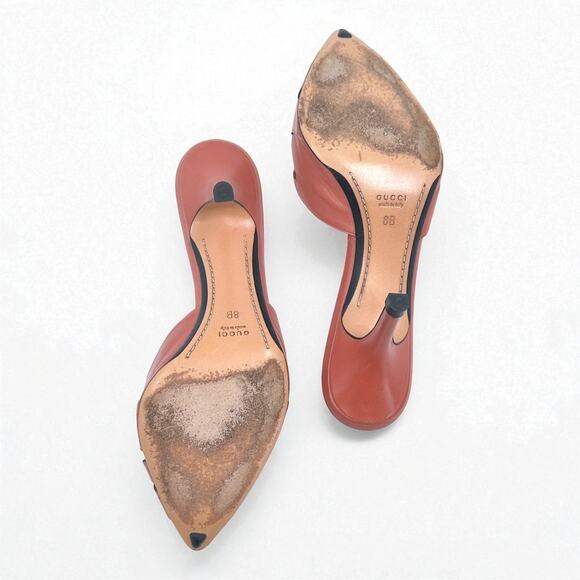 Gucci Pink Leather Peep Toe Mules | Stiletto Heels | Size 38 - Picture 5 of 9